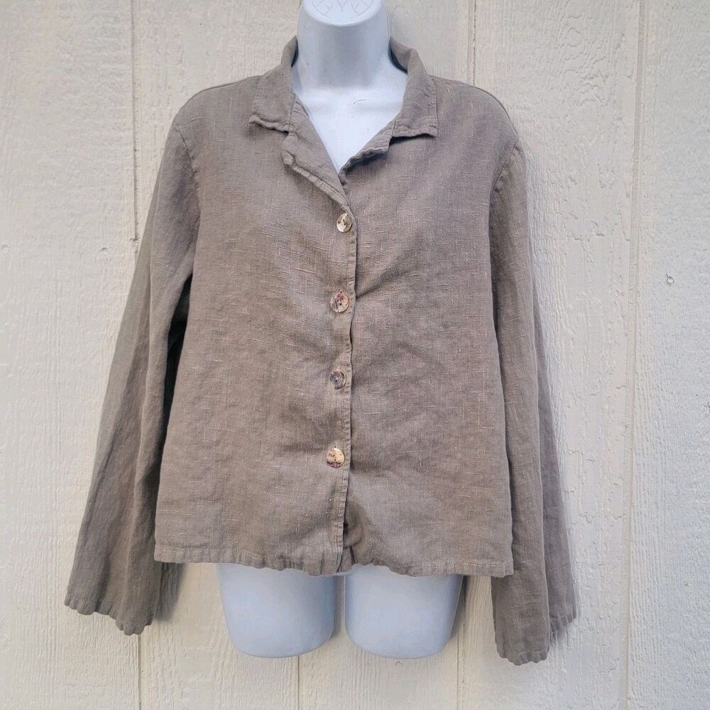 Bryn Walker Beige 100% Linen Button Up Jacket Blazer Oversized Med Lagenlook USA